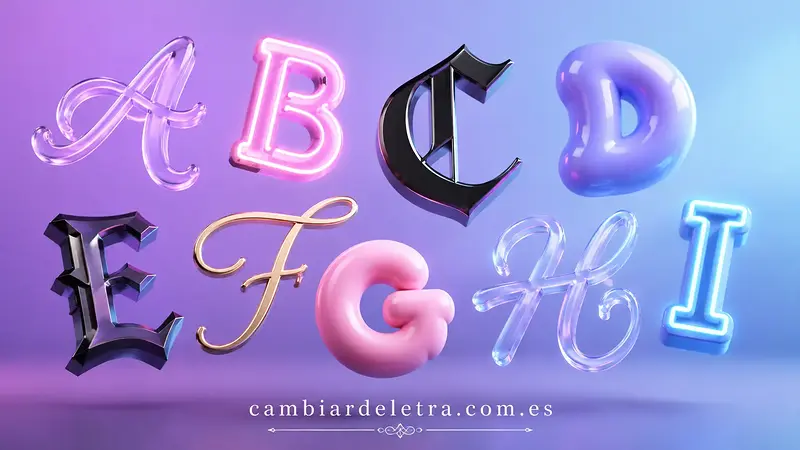 Ilustración 3D de diferentes estilos y tipografías de letras bonitas flotando