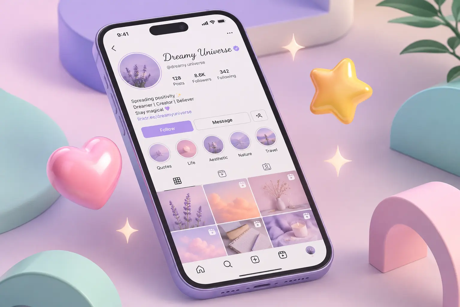 Ejemplo de perfil de Instagram con letras bonitas, símbolos y emojis aesthetic